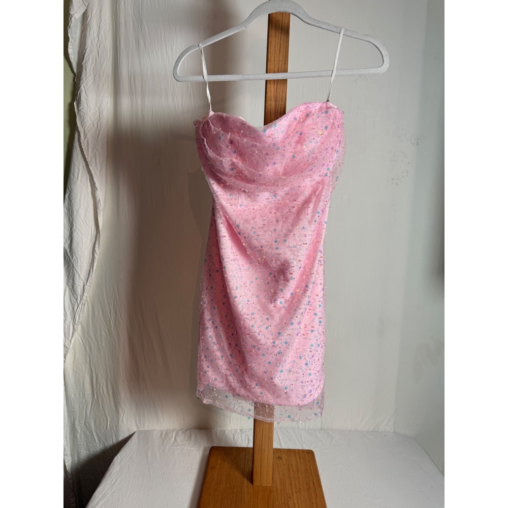 Class and Fashion Pink Sequin Beaded Mesh Mini Dress Cowl Neck Prom Cocktail NEW